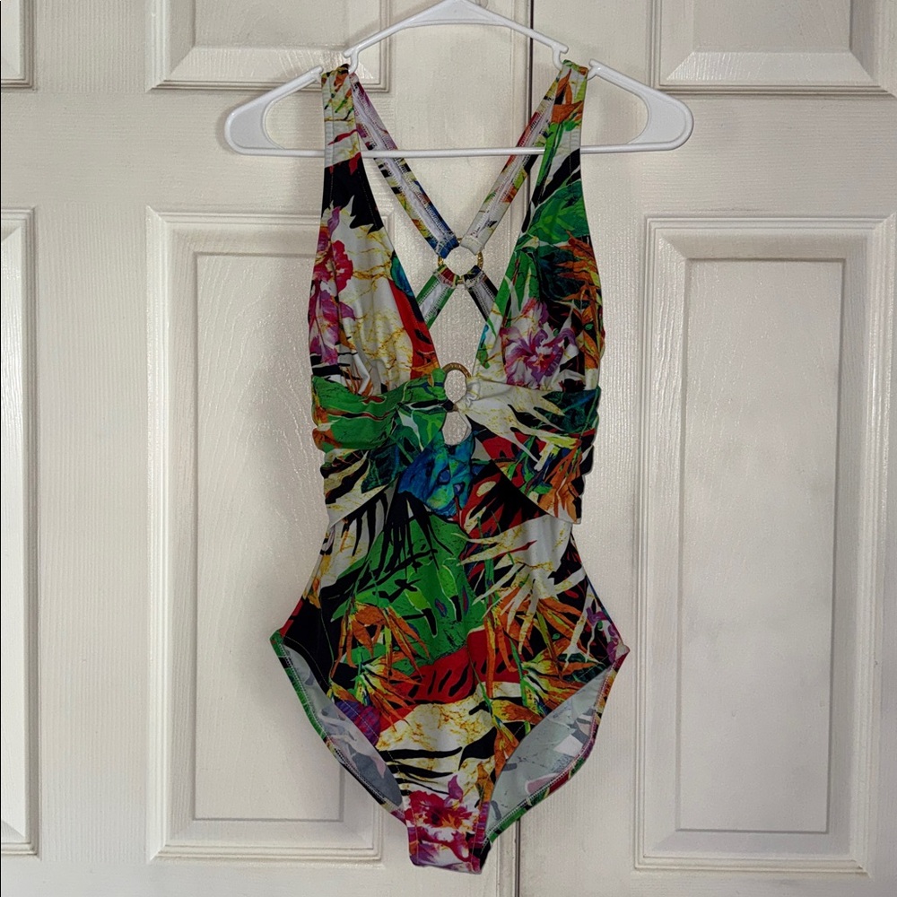 Venus Criss Cross Tropical Print One Piece Swimsuit With Gold Ring Detail